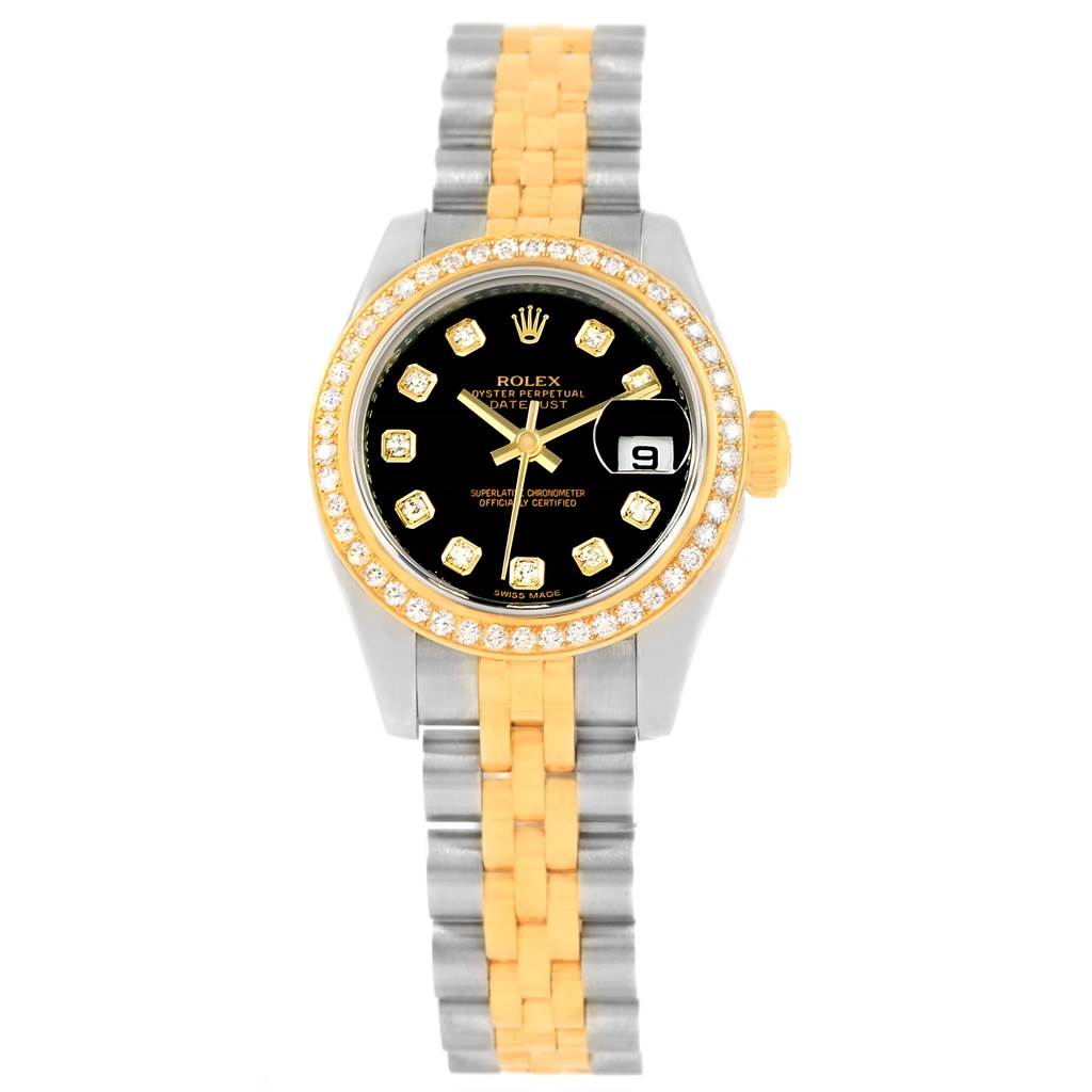 This Rolex Datejust 179383 Women's Steel and Gold (two tone) Black Dial 179383 Women's Steel and Gold (two tone) Black Dial watch is displayed from a top-down angle, showcasing the dial, bezel, and two-tone bracelet.