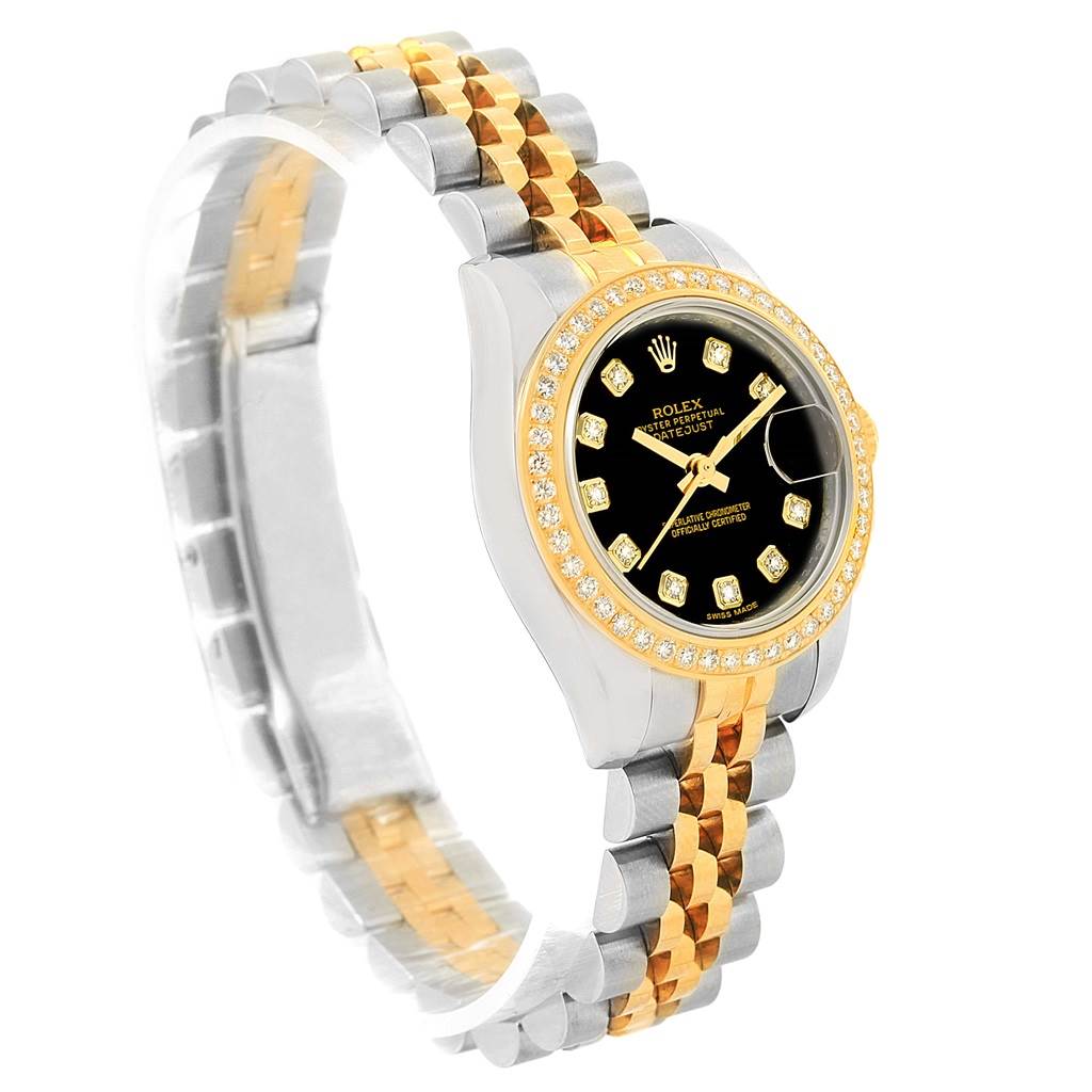 The Rolex Datejust 179383 Women's Steel and Gold (two tone) Black Dial 179383 Women's Steel and Gold (two tone) Black Dial watch is pictured at an angle showing its black dial, diamond bezel, and two-tone metal bracelet.