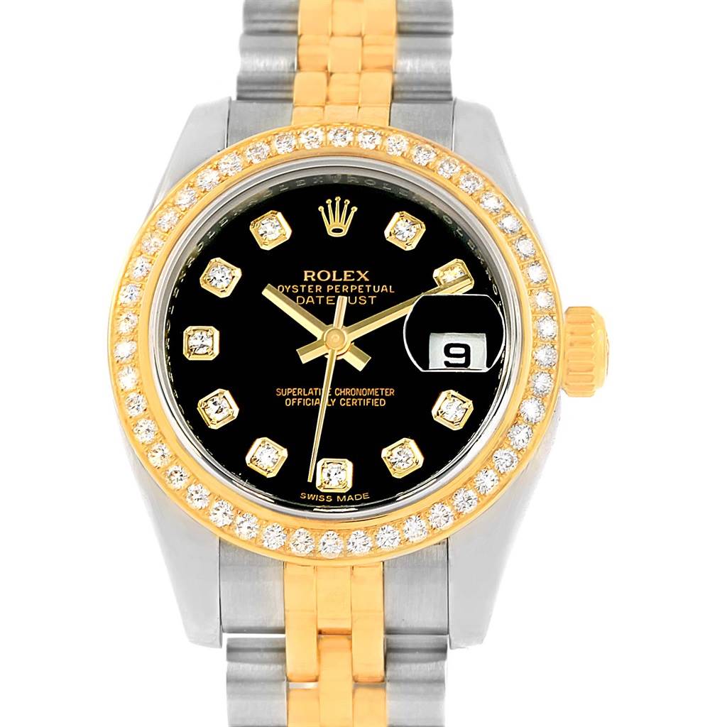 This Rolex Datejust 179383 Women's Steel and Gold (two tone) Black Dial 179383 Women's Steel and Gold (two tone) Black Dial model watch is shown from a front angle displaying the face, bezel, and part of the bracelet.