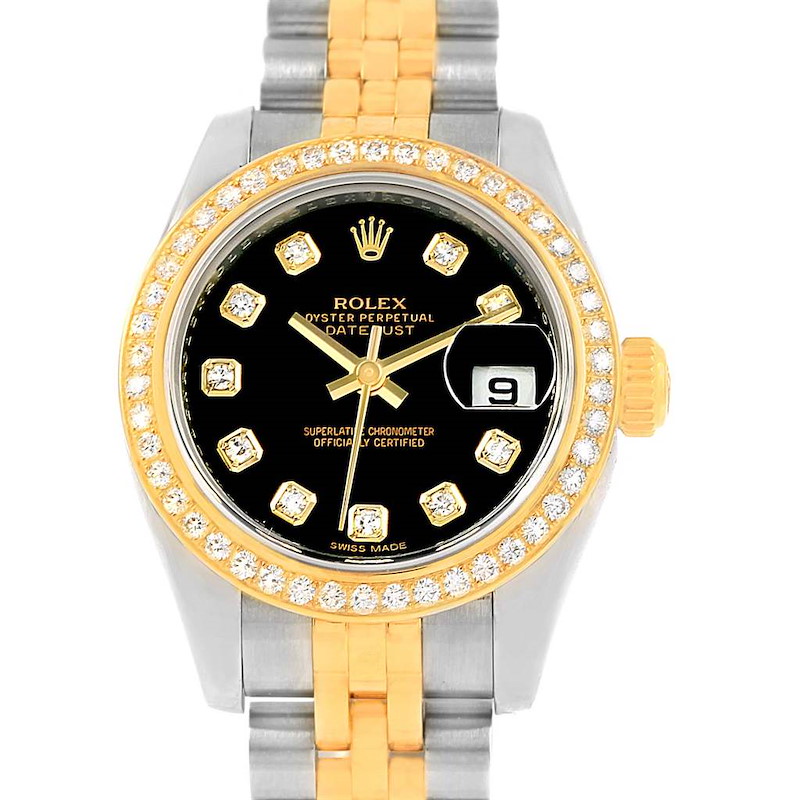Rolex Datejust Steel Yellow Gold Black Diamond Dial Ladies Watch 179383 SwissWatchExpo