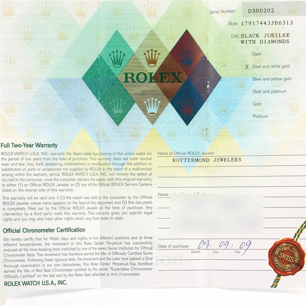 The image shows a warranty card for the Rolex Datejust 179174 Women's Stainless Steel Black Dial 179174 Women's Stainless Steel Black Dial model with information and certification details.