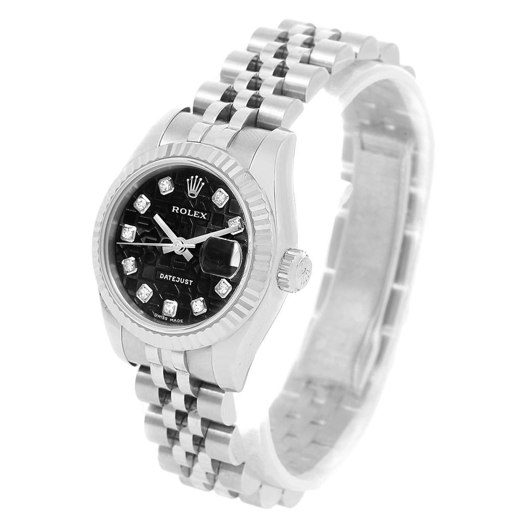 The image shows a Rolex Datejust 179174 Women's Stainless Steel Black Dial 179174 Women's Stainless Steel Black Dial watch at an angled side view, highlighting the dial, bezel, crown, and bracelet.