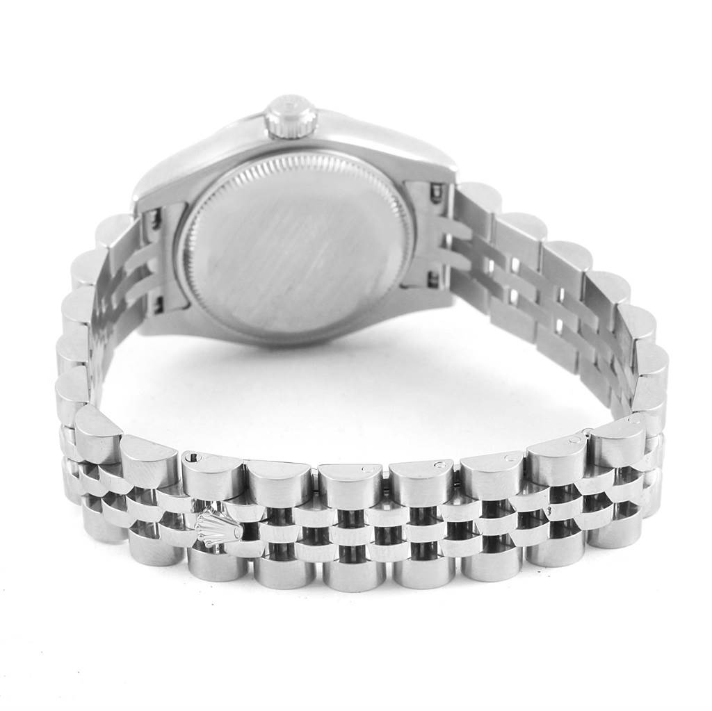 The image shows the back view of a Rolex Datejust 179174 Women's Stainless Steel Black Dial 179174 Women's Stainless Steel Black Dial, focusing on the case back and bracelet.