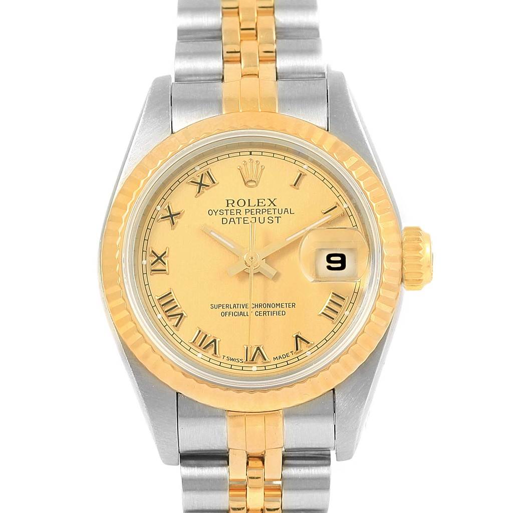 This is a frontal view of a Rolex Datejust 69173 Women's Stainless Steel Champagne Dial 69173 Women's Stainless Steel Champagne Dial watch showing the dial, bezel, crown, and bracelet.