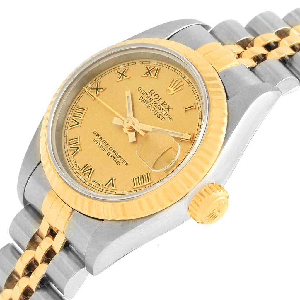 The Rolex Datejust 69173 Women's Stainless Steel Champagne Dial 69173 Women's Stainless Steel Champagne Dial watch is shown at an angle displaying the face, crown, and part of the two-tone bracelet.