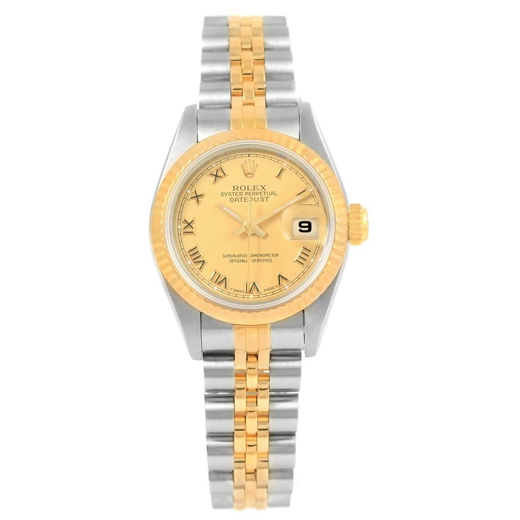 This Rolex Datejust 69173 Women's Stainless Steel Champagne Dial 69173 Women's Stainless Steel Champagne Dial watch is shown from a front angle displaying its face, bezel, crown, and two-tone bracelet.