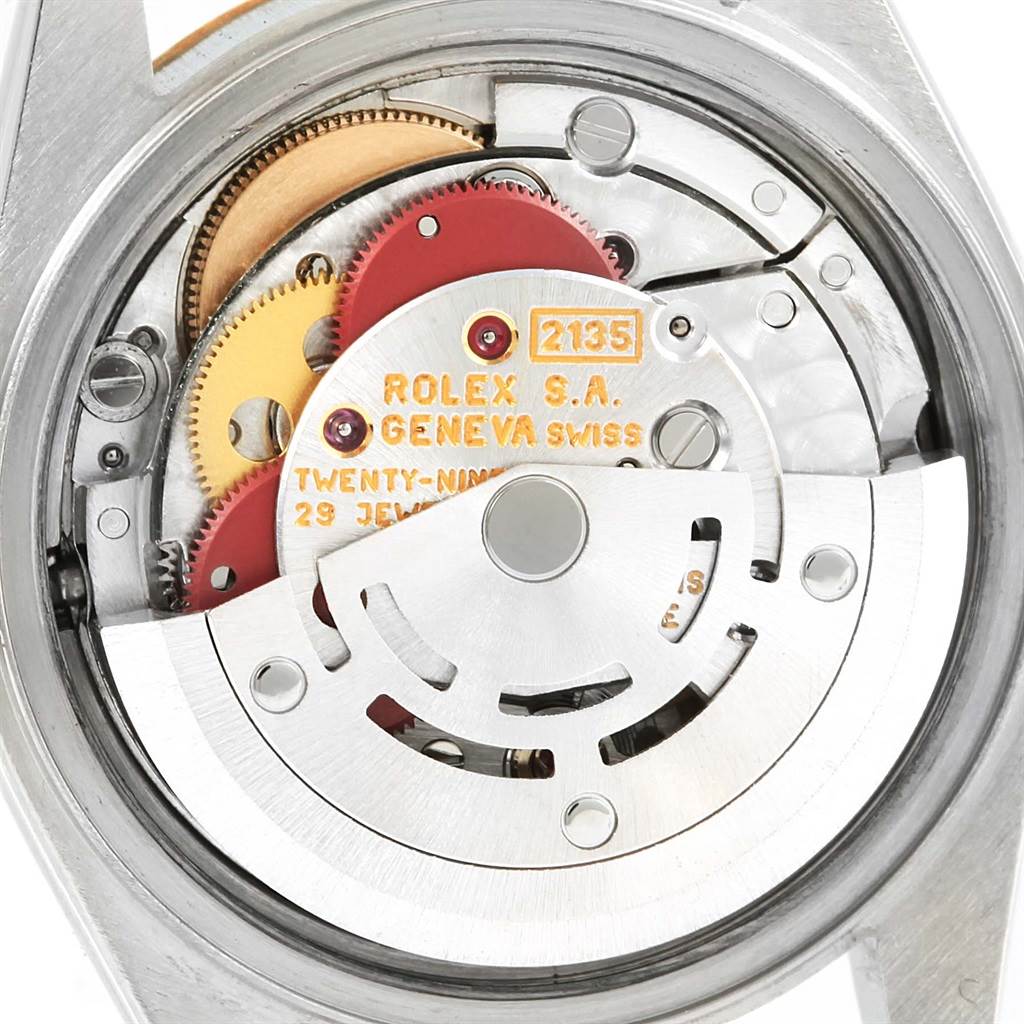 The image shows the movement and internal components of the Rolex Datejust 69173 Women's Stainless Steel Champagne Dial 69173 Women's Stainless Steel Champagne Dial model from a rear angle.