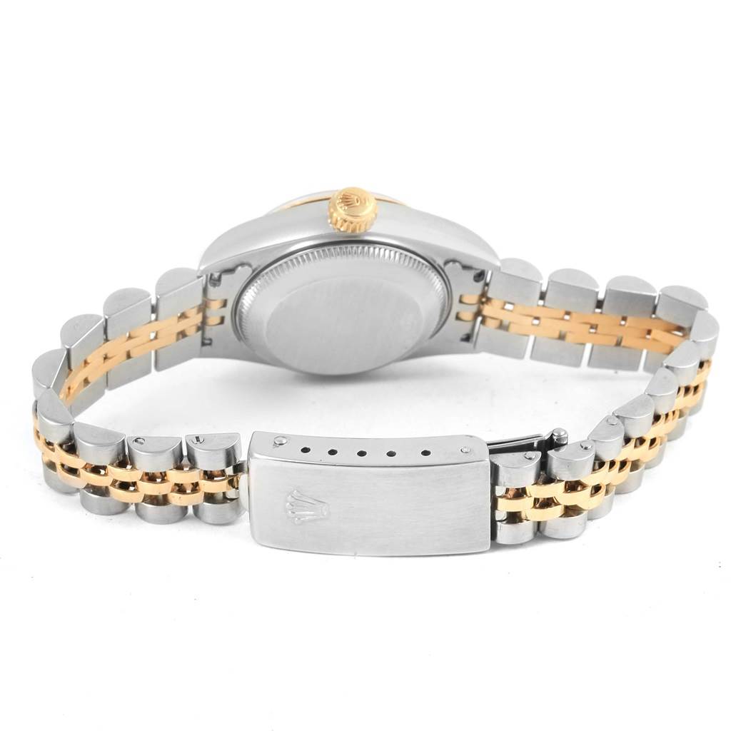 This image shows the back view of a Rolex Datejust 69173 Women's Stainless Steel Champagne Dial 69173 Women's Stainless Steel Champagne Dial watch, highlighting the clasp, bracelet, and case back.