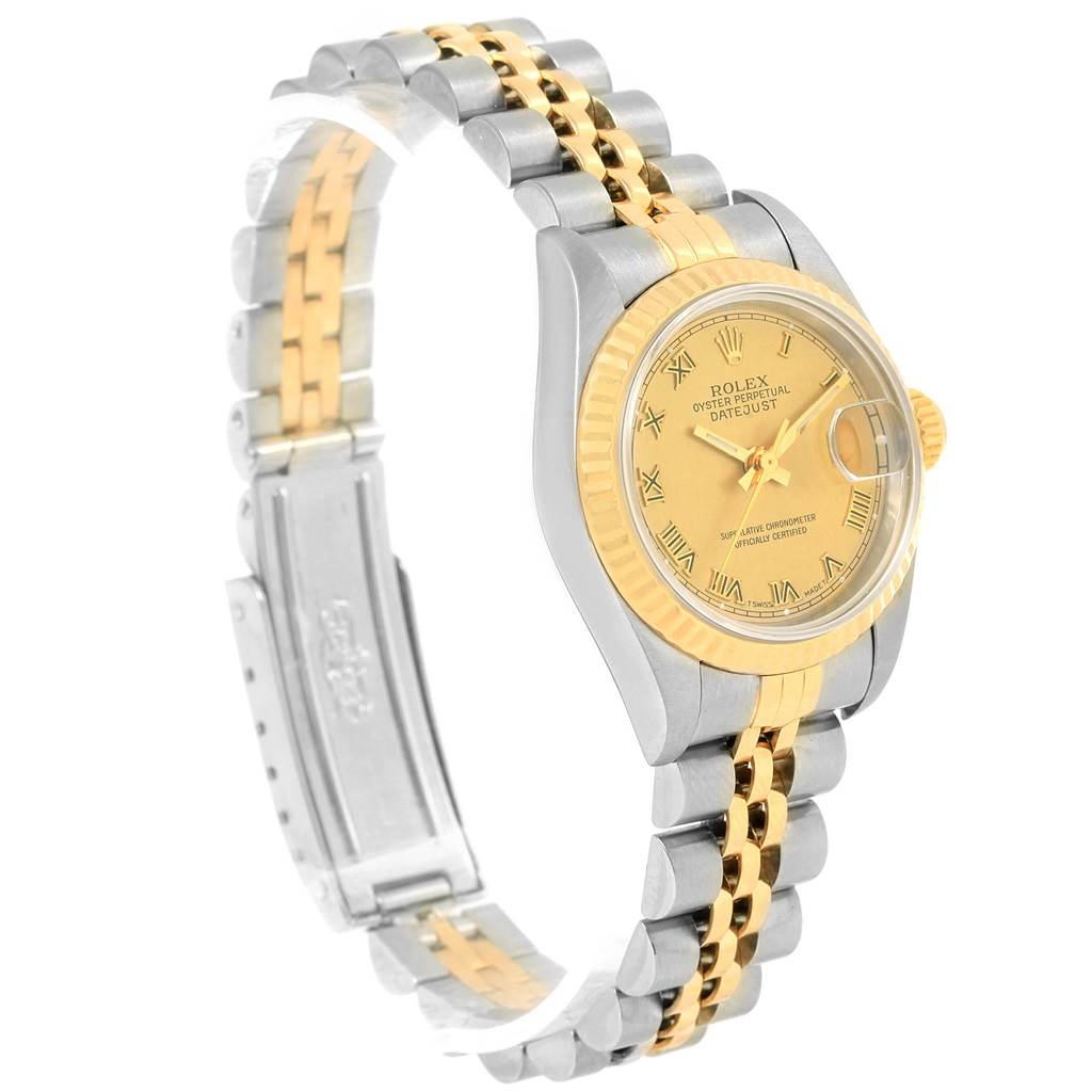 This is a three-quarter angled view of a Rolex Datejust 69173 Women's Stainless Steel Champagne Dial 69173 Women's Stainless Steel Champagne Dial, showing the dial, bezel, and part of the two-tone bracelet.