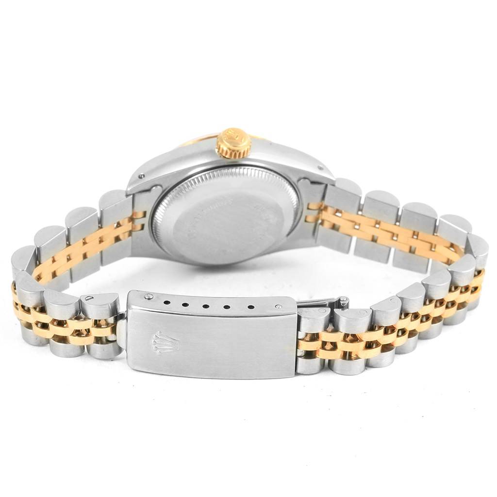 The image shows the back of the Rolex Datejust 69173 Women's Stainless Steel Champagne Dial 69173 Women's Stainless Steel Champagne Dial watch with its two-tone steel and gold jubilee bracelet and clasp.