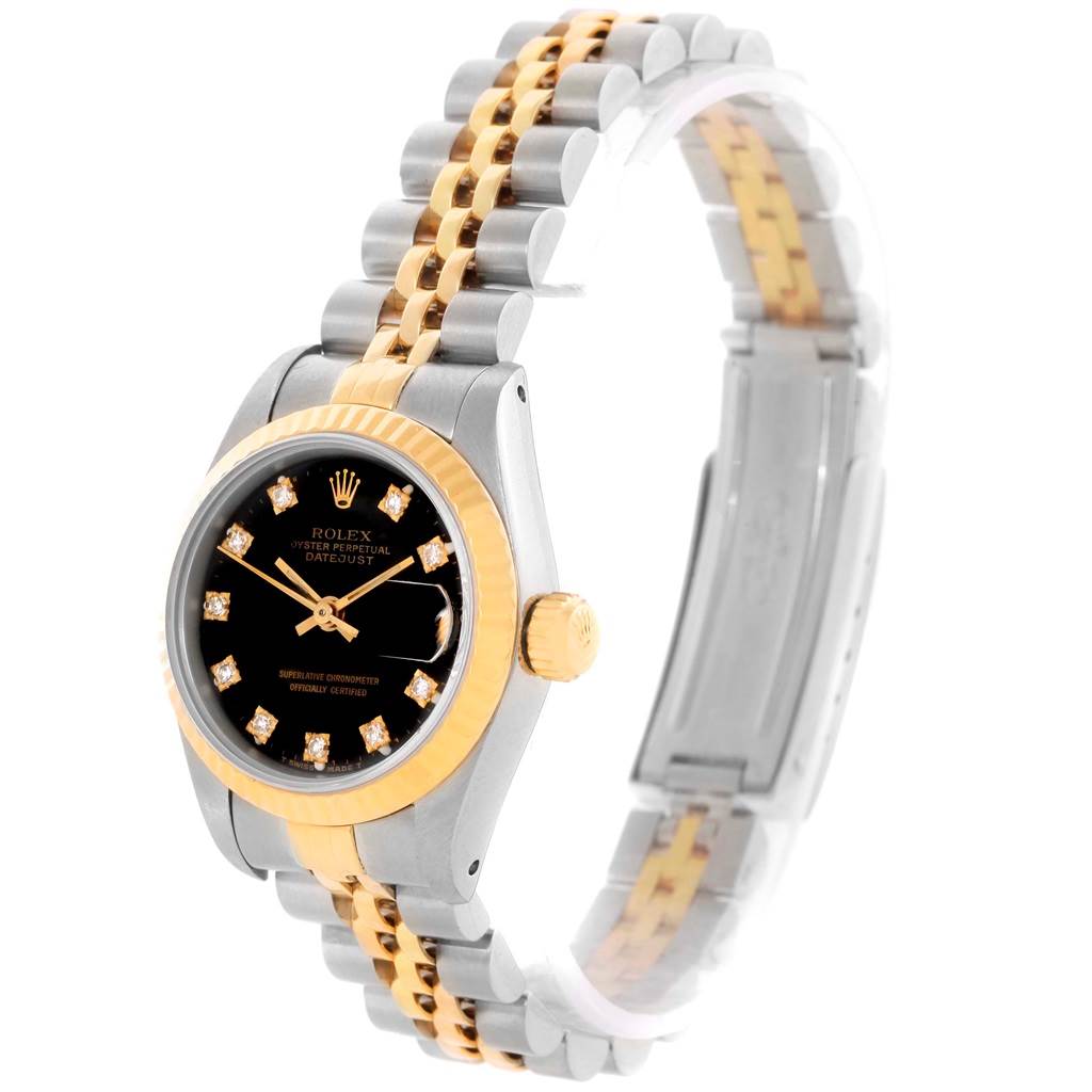 The Rolex Datejust 69173 Women's Stainless Steel Black Dial 69173 Women's Stainless Steel Black Dial watch is shown at a three-quarter angle, highlighting its black dial, gold bezel, crown, and two-tone bracelet.