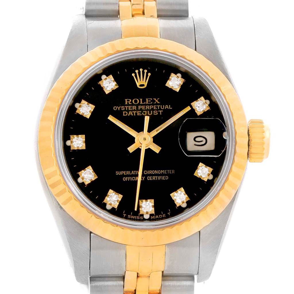 The image shows a Rolex Datejust 69173 Women's Stainless Steel Black Dial 69173 Women's Stainless Steel Black Dial watch from the front, highlighting the dial, bezel, crown, and part of the bracelet.