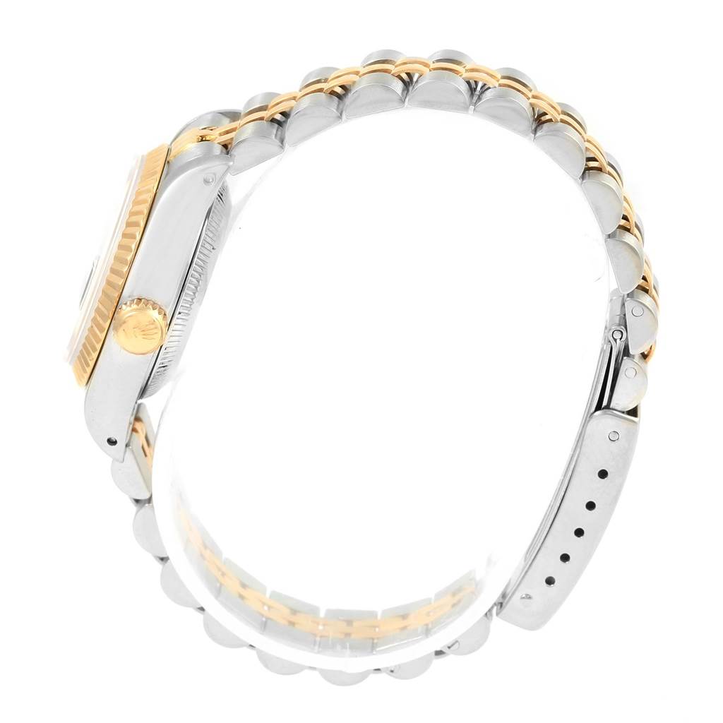 This image shows a side view of a Rolex Datejust 69173 Women's Stainless Steel Black Dial 69173 Women's Stainless Steel Black Dial watch, displaying the crown, case, and part of the bracelet.