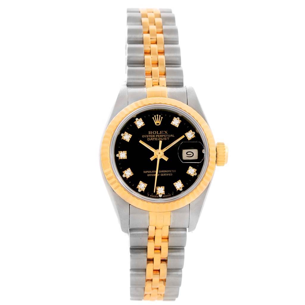 The image shows a Rolex Datejust 69173 Women's Stainless Steel Black Dial 69173 Women's Stainless Steel Black Dial watch taken from the front, highlighting its dial, bezel, and two-tone bracelet.