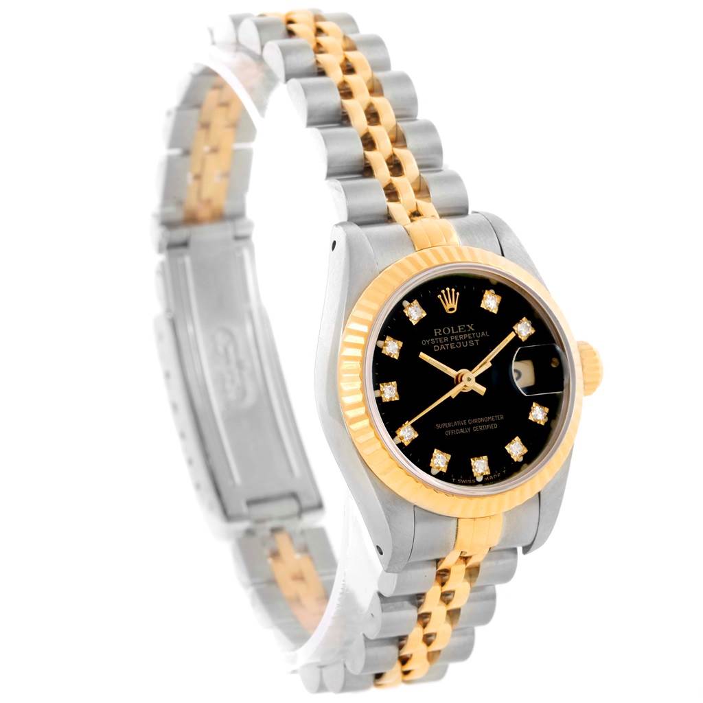 The Rolex Datejust 69173 Women's Stainless Steel Black Dial 69173 Women's Stainless Steel Black Dial watch is shown at an angled view, highlighting the face, bezel, bracelet, and crown.