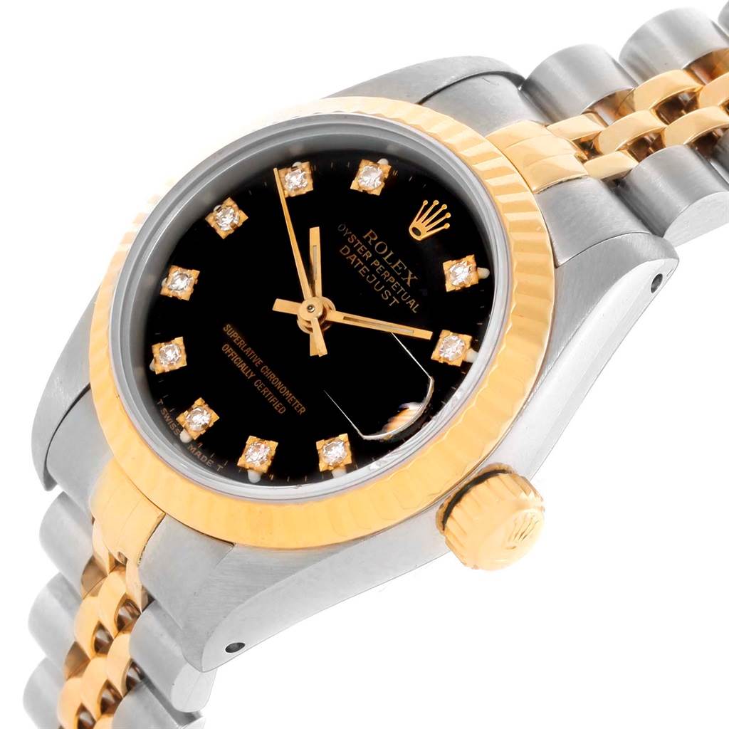 This Rolex Datejust 69173 Women's Stainless Steel Black Dial 69173 Women's Stainless Steel Black Dial watch is shown from a side angle, highlighting the crown, black dial, bezel, and part of the bracelet.