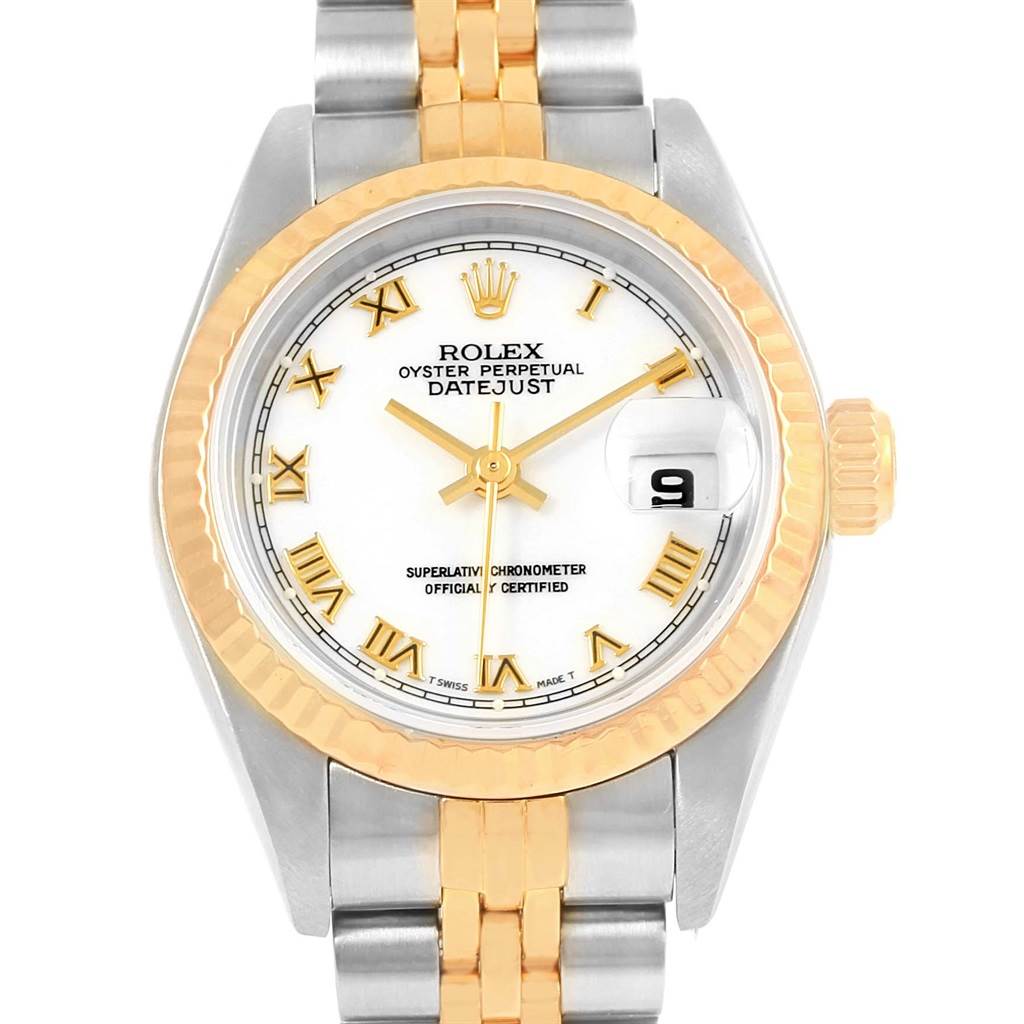 The watch shown is a Rolex Datejust 79173 Women's Steel and Gold (two tone) White Dial 79173 Women's Steel and Gold (two tone) White Dial model, viewed from the front, displaying its dial, bezel, and part of the bracelet.