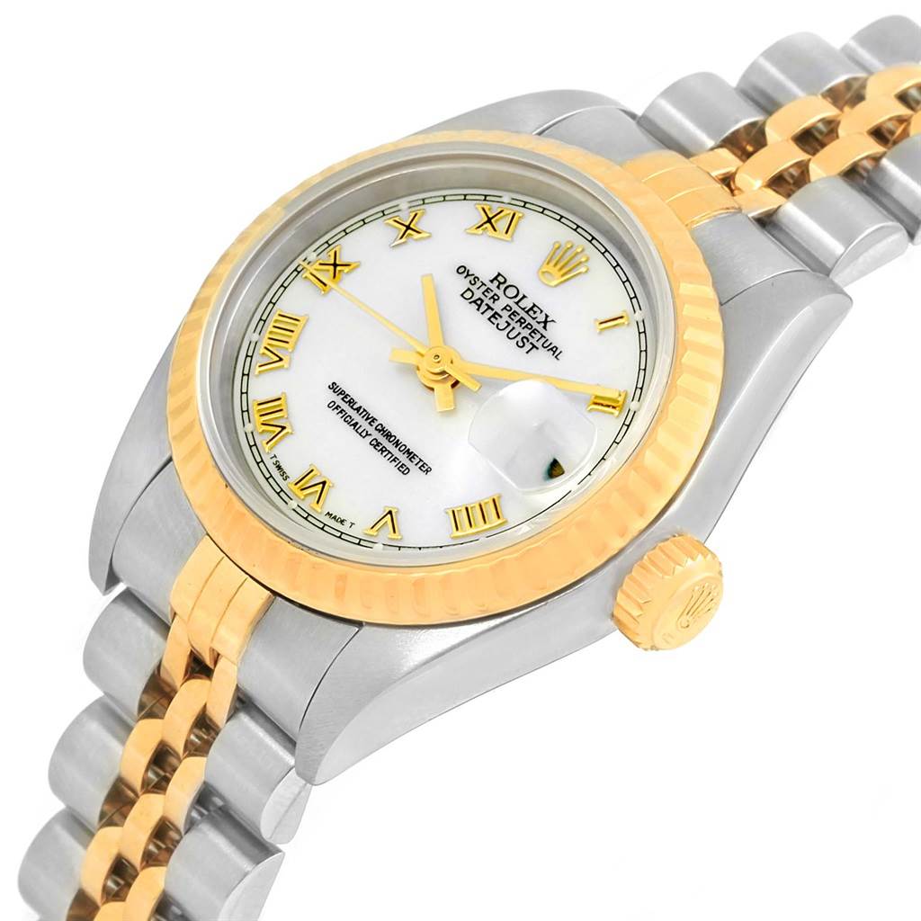 The Rolex Datejust 79173 Women's Steel and Gold (two tone) White Dial 79173 Women's Steel and Gold (two tone) White Dial watch is shown from a top-left angle, displaying the dial, bezel, and part of the bracelet.