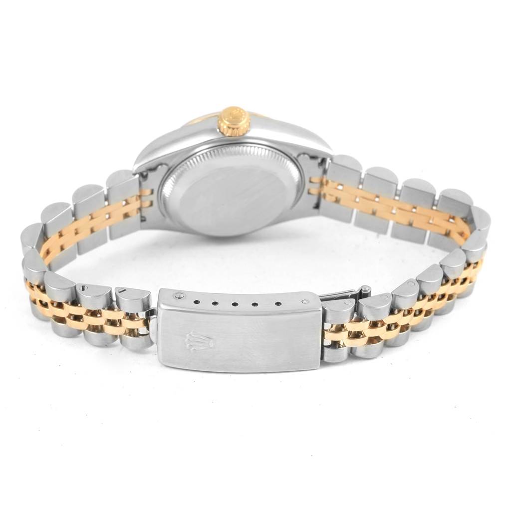 The image shows the back view of a Rolex Datejust 79173 Women's Steel and Gold (two tone) White Dial 79173 Women's Steel and Gold (two tone) White Dial watch, highlighting the caseback and two-tone Jubilee bracelet with clasp.