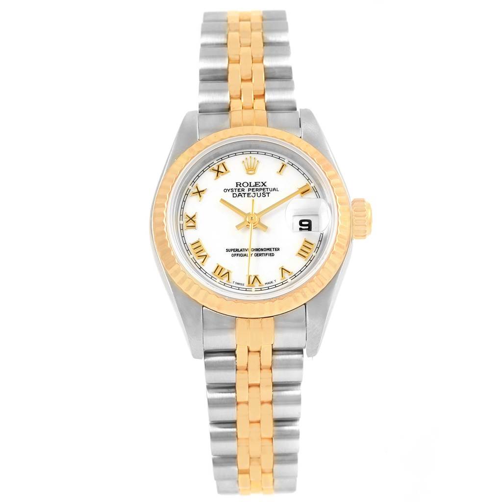 The image shows a front view of a Rolex Datejust 79173 Women's Steel and Gold (two tone) White Dial 79173 Women's Steel and Gold (two tone) White Dial watch, featuring a two-tone bracelet, fluted bezel, and white dial with Roman numerals.