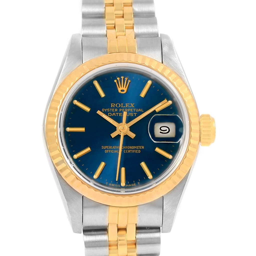 This image shows a front view of a Rolex Datejust 69173 Women's Stainless Steel Blue Dial 69173 Women's Stainless Steel Blue Dial watch, highlighting its blue dial, gold fluted bezel, and two-tone bracelet.