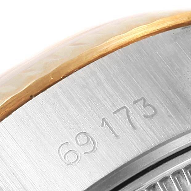 The image shows a close-up of the case side of a Rolex Datejust 69173 Women's Stainless Steel Blue Dial 69173 Women's Stainless Steel Blue Dial watch, highlighting the model number 69173.