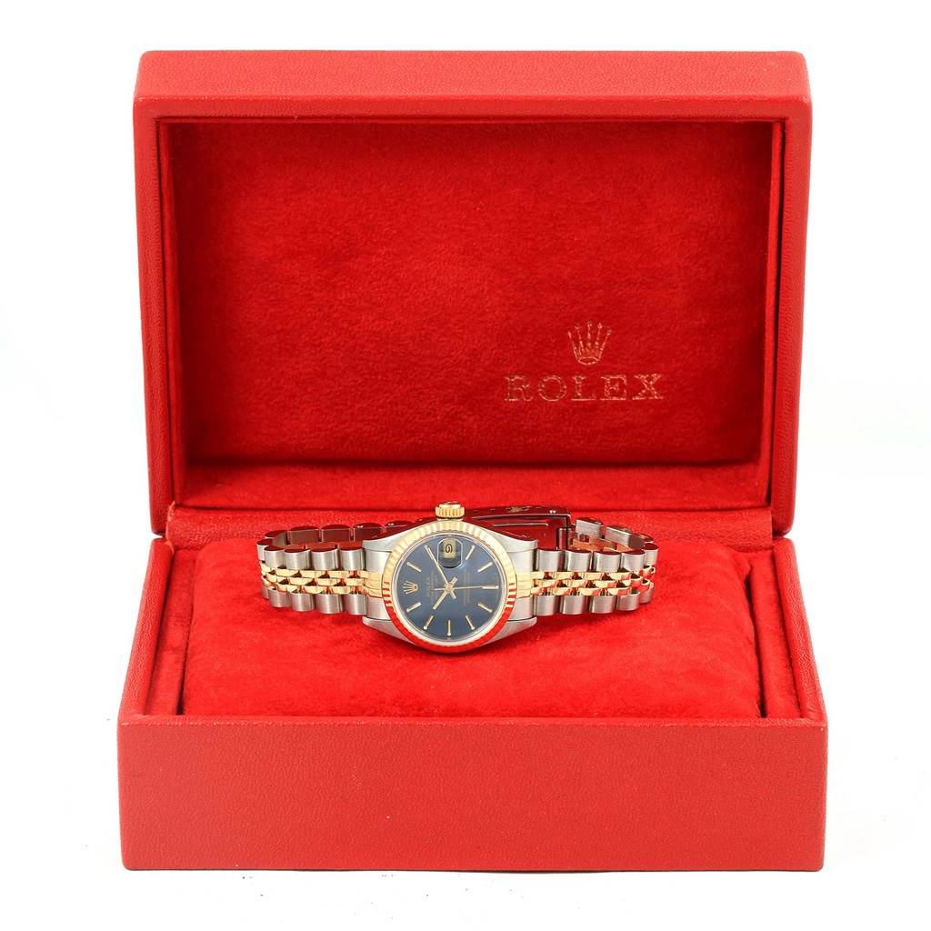 The Rolex Datejust 69173 Women's Stainless Steel Blue Dial 69173 Women's Stainless Steel Blue Dial watch is displayed from the front, showing the dial, bezel, and bracelet, inside a red Rolex box.