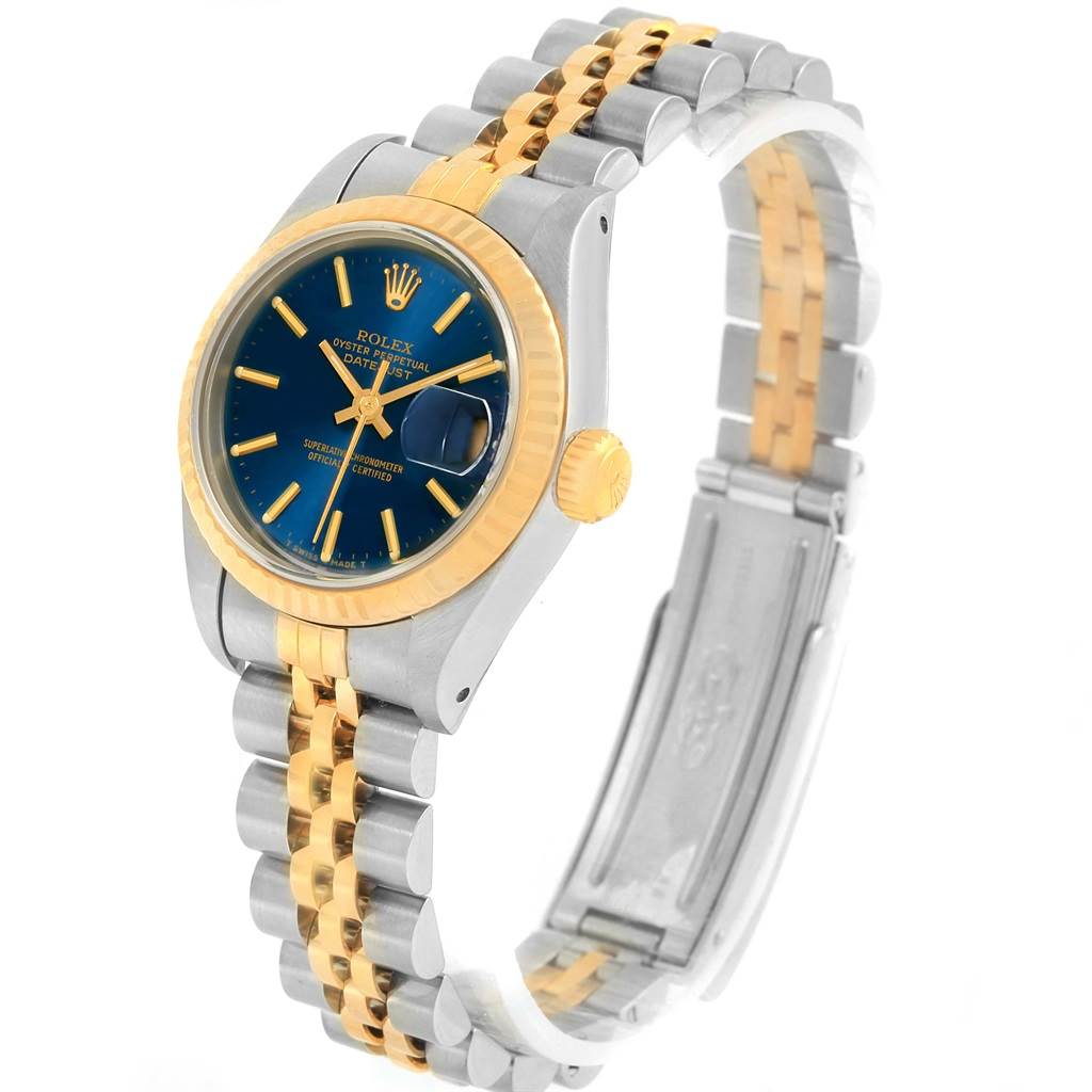 The image shows a Rolex Datejust 69173 Women's Stainless Steel Blue Dial 69173 Women's Stainless Steel Blue Dial watch from a three-quarter angle, highlighting the dial, bezel, crown, and partially the bracelet.