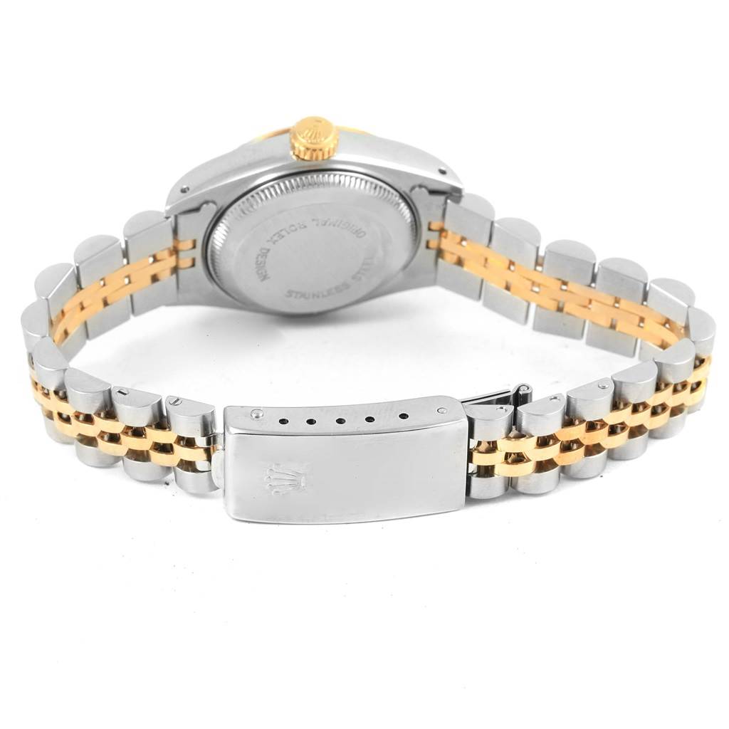 The image shows the back view of a Rolex Datejust 69173 Women's Stainless Steel Blue Dial 69173 Women's Stainless Steel Blue Dial watch, highlighting its clasp and two-tone bracelet.