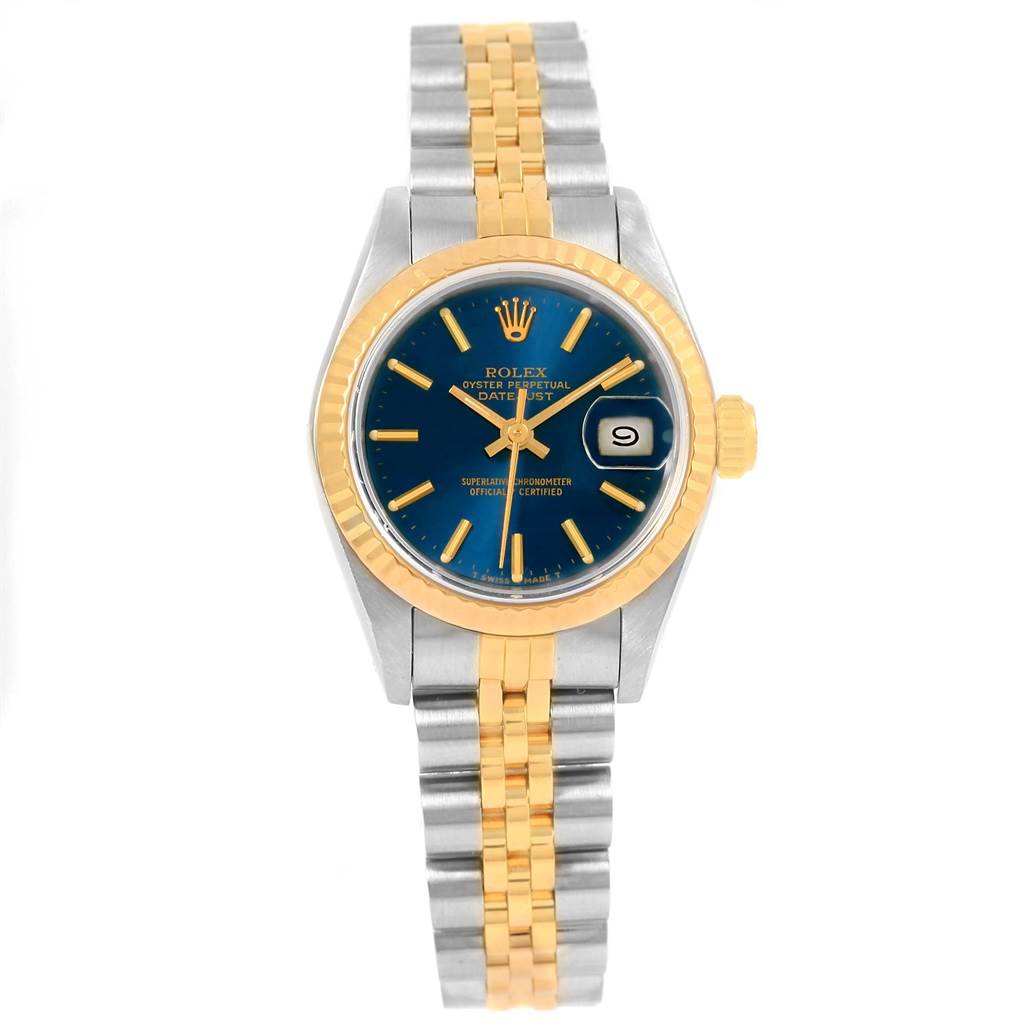 The image shows a front view of a Rolex Datejust 69173 Women's Stainless Steel Blue Dial 69173 Women's Stainless Steel Blue Dial watch featuring a two-tone metal bracelet and a blue dial.