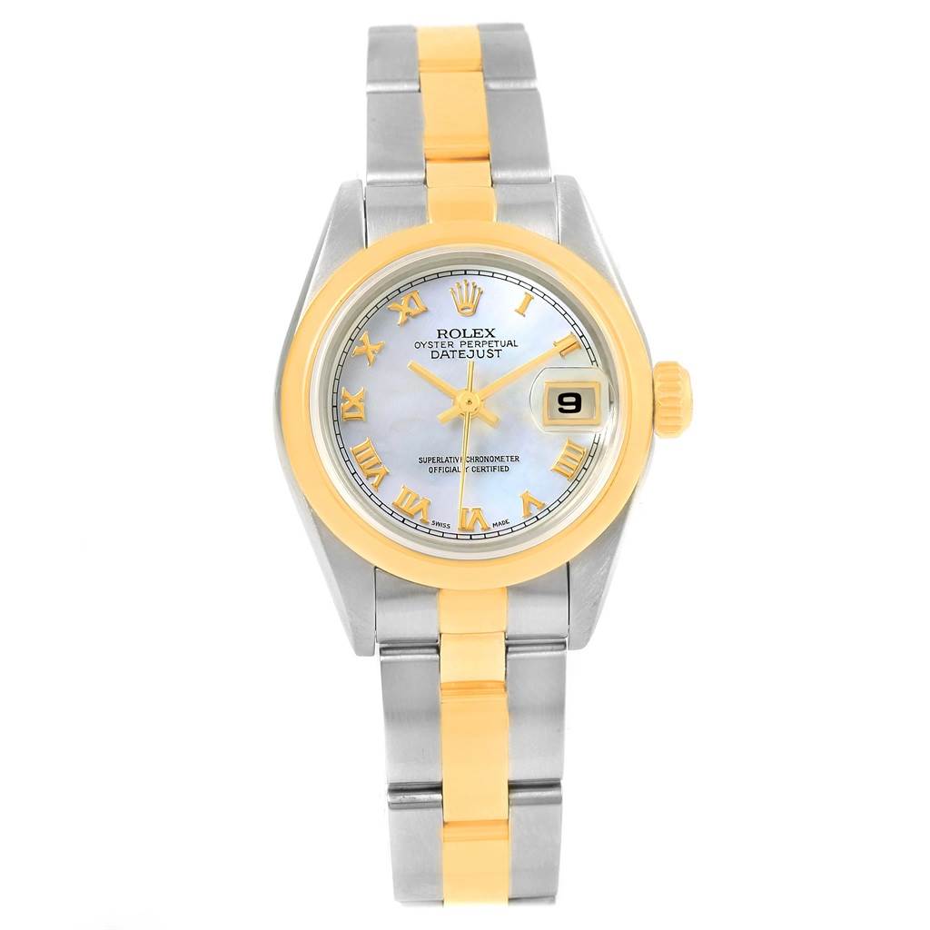The image shows a front view of a Rolex Datejust 69163 Women's Stainless Steel Mother of Pearl Dial 69163 Women's Stainless Steel Mother of Pearl Dial watch, highlighting its face, bezel, crown, and bracelet.