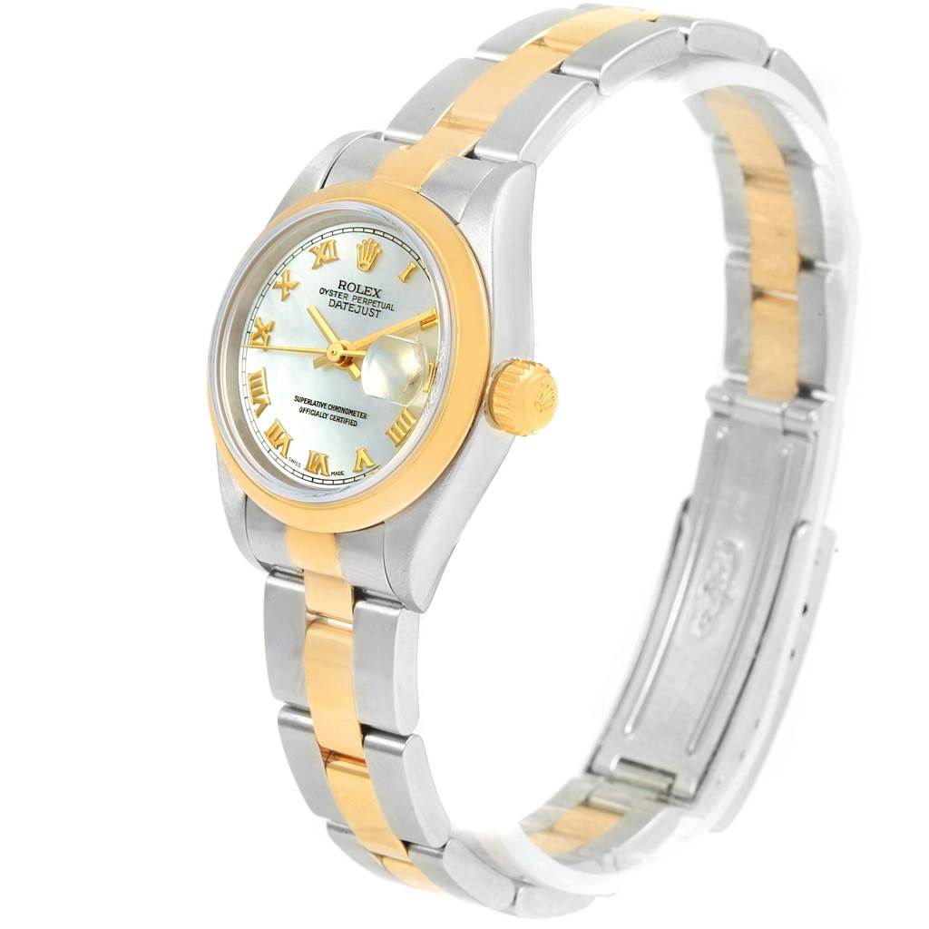 The image shows a Rolex Datejust 69163 Women's Stainless Steel Mother of Pearl Dial 69163 Women's Stainless Steel Mother of Pearl Dial watch angled from the front-left, displaying the dial, bezel, crown, and bracelet.