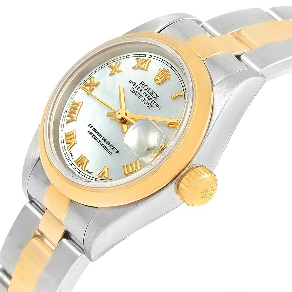 The image shows a close-up side angle of a Rolex Datejust 69163 Women's Stainless Steel Mother of Pearl Dial 69163 Women's Stainless Steel Mother of Pearl Dial watch, highlighting the dial, bezel, crown, and bracelet.
