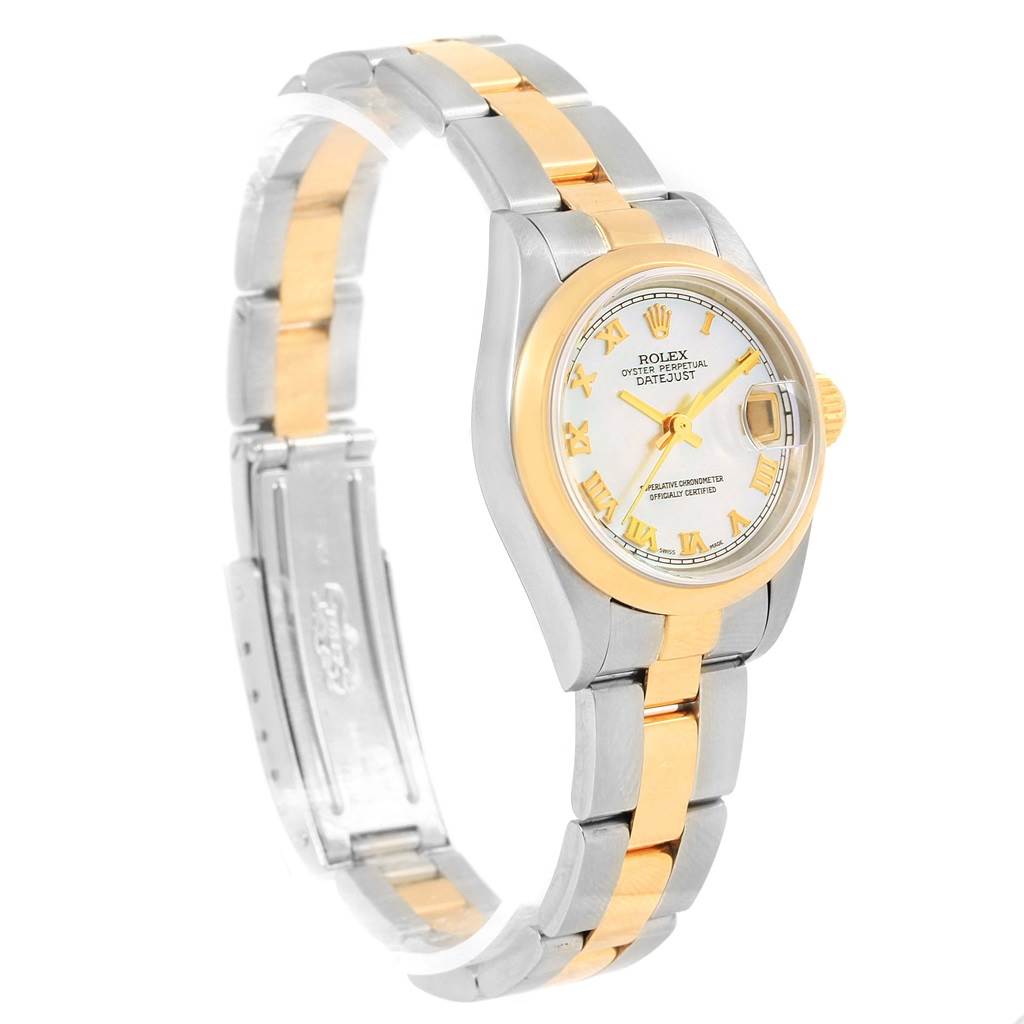 The image shows a Rolex Datejust 69163 Women's Stainless Steel Mother of Pearl Dial 69163 Women's Stainless Steel Mother of Pearl Dial watch at a three-quarter angle, highlighting the dial, bezel, bracelet, and clasp.