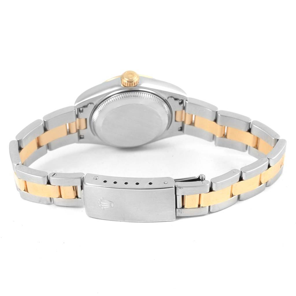 The image shows the back of a Rolex Datejust 69163 Women's Stainless Steel Mother of Pearl Dial 69163 Women's Stainless Steel Mother of Pearl Dial watch, highlighting its two-tone bracelet and clasp.