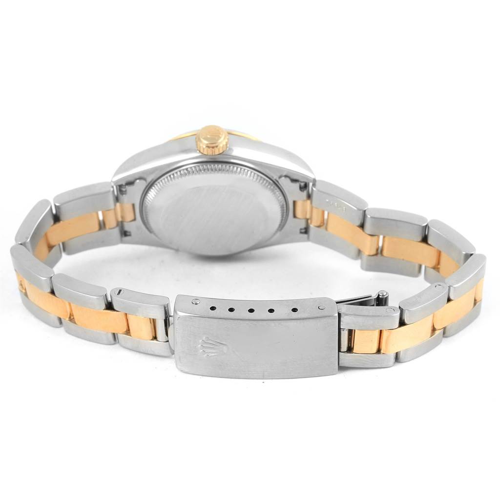 This image shows the back view of a Rolex Datejust 69173 Women's Stainless Steel Champagne Dial 69173 Women's Stainless Steel Champagne Dial watch, highlighting the case back, crown, and bracelet with the clasp.