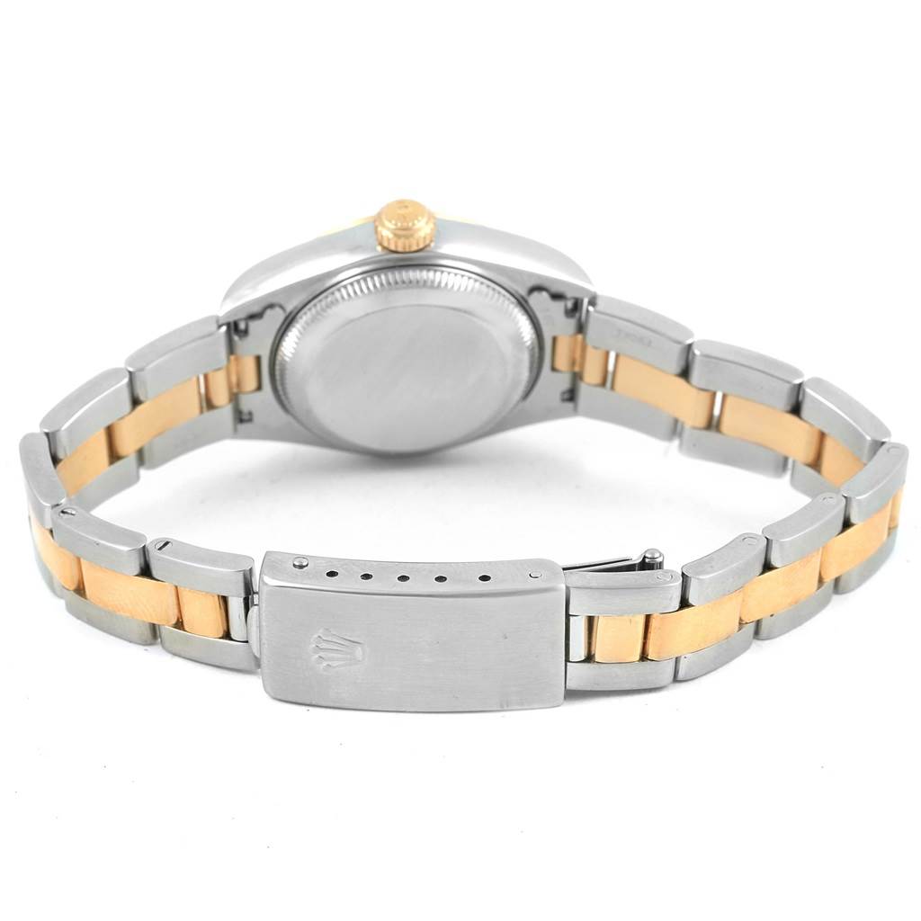 This image shows the back case and two-tone bracelet of a Rolex Datejust 69163 Women's Stainless Steel Blue Dial 69163 Women's Stainless Steel Blue Dial watch from a rear angle.