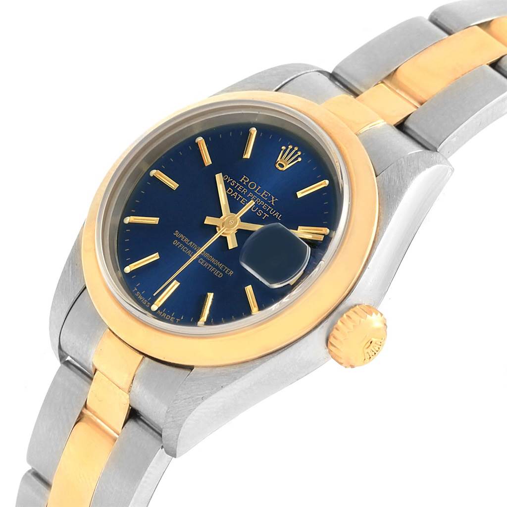 The image shows a Rolex Datejust 69163 Women's Stainless Steel Blue Dial 69163 Women's Stainless Steel Blue Dial watch at an oblique angle, highlighting the face, case, crown, and bracelet.