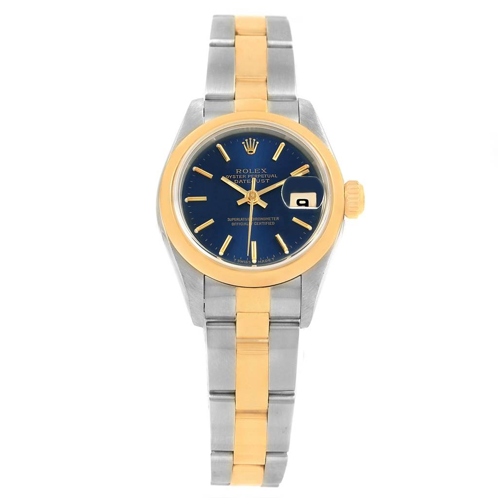 This image shows a frontal view of a Rolex Datejust 69163 Women's Stainless Steel Blue Dial 69163 Women's Stainless Steel Blue Dial watch, highlighting its face, bezel, and two-tone bracelet.