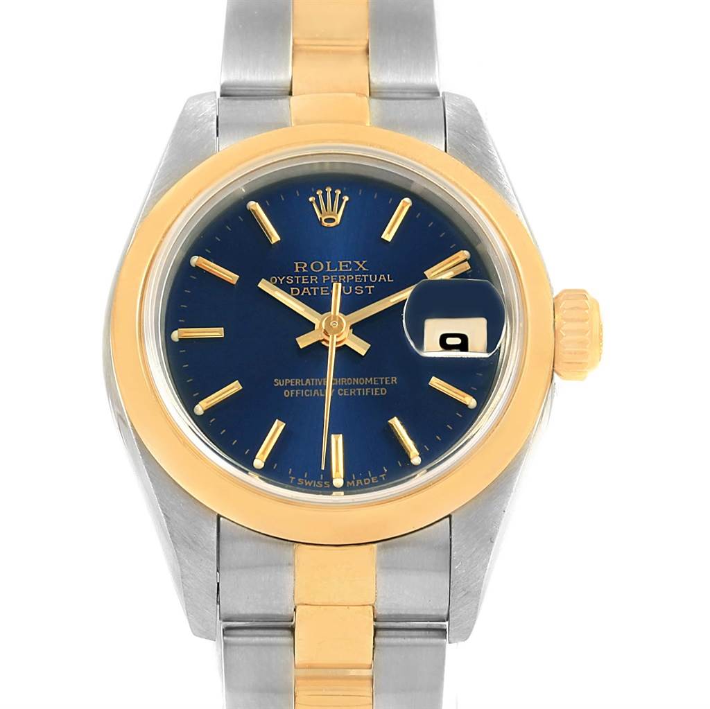 The image shows a front view of a Rolex Datejust 69163 Women's Stainless Steel Blue Dial 69163 Women's Stainless Steel Blue Dial watch, highlighting the dial, bezel, crown, and part of the bracelet.