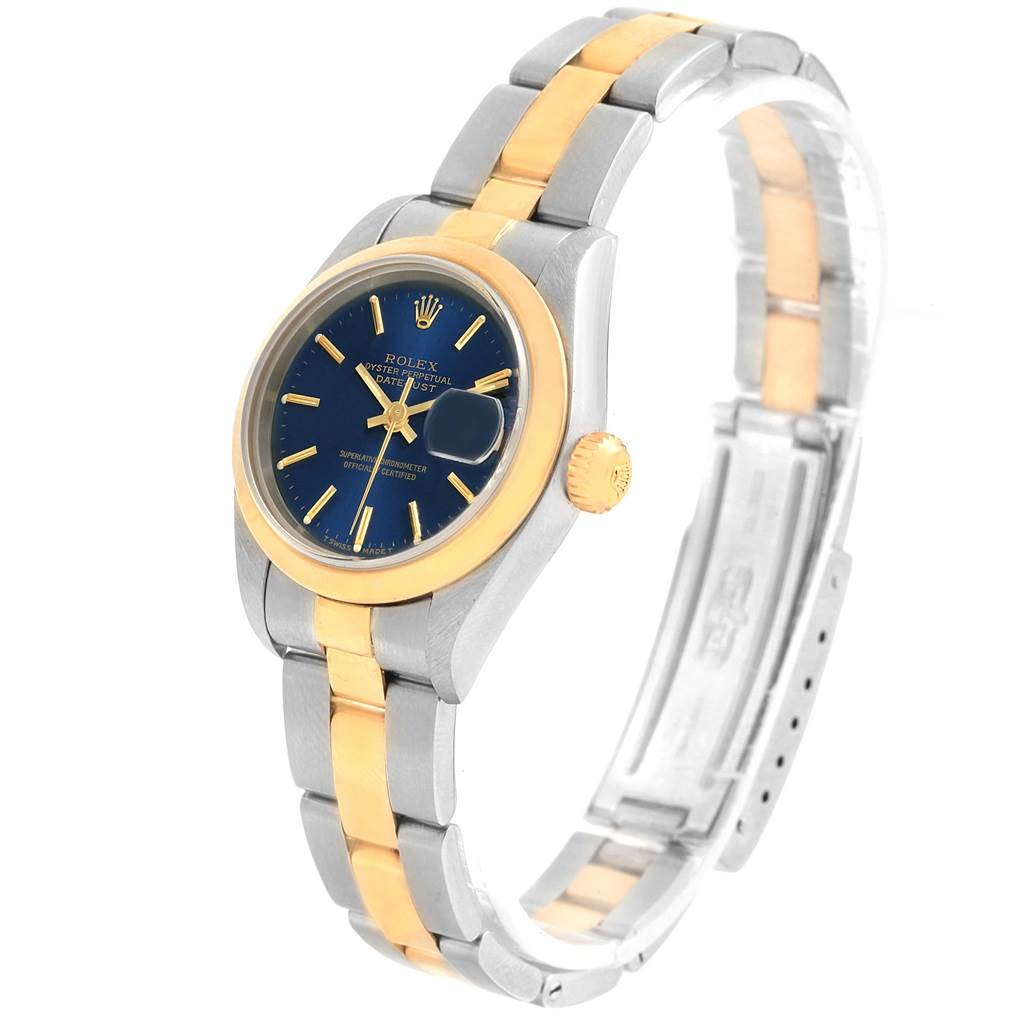 This Rolex Datejust 69163 Women's Stainless Steel Blue Dial 69163 Women's Stainless Steel Blue Dial watch is shown at a slight side angle, highlighting the bracelet, crown, and blue dial.