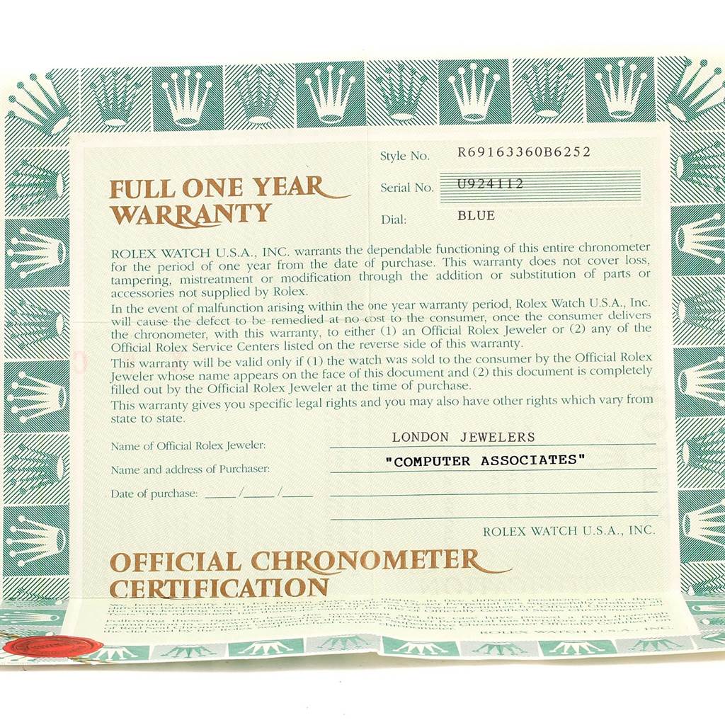 The image shows a full one-year warranty certificate for the Rolex Datejust 69163 Women's Stainless Steel Blue Dial 69163 Women's Stainless Steel Blue Dial model.