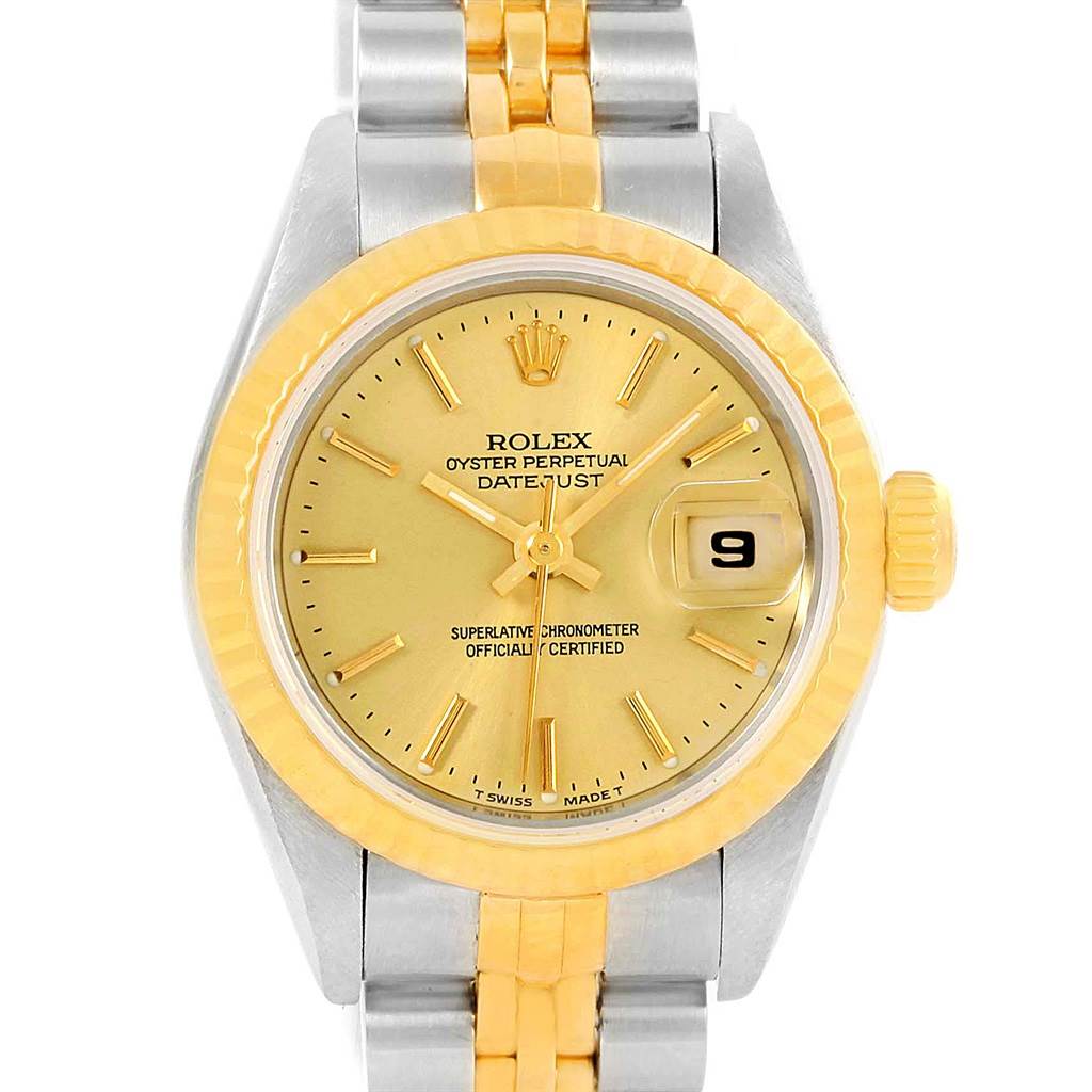 This image shows the face and band of a Rolex Datejust 69173 Women's Stainless Steel Champagne Dial 69173 Women's Stainless Steel Champagne Dial watch, viewed from a front angle.