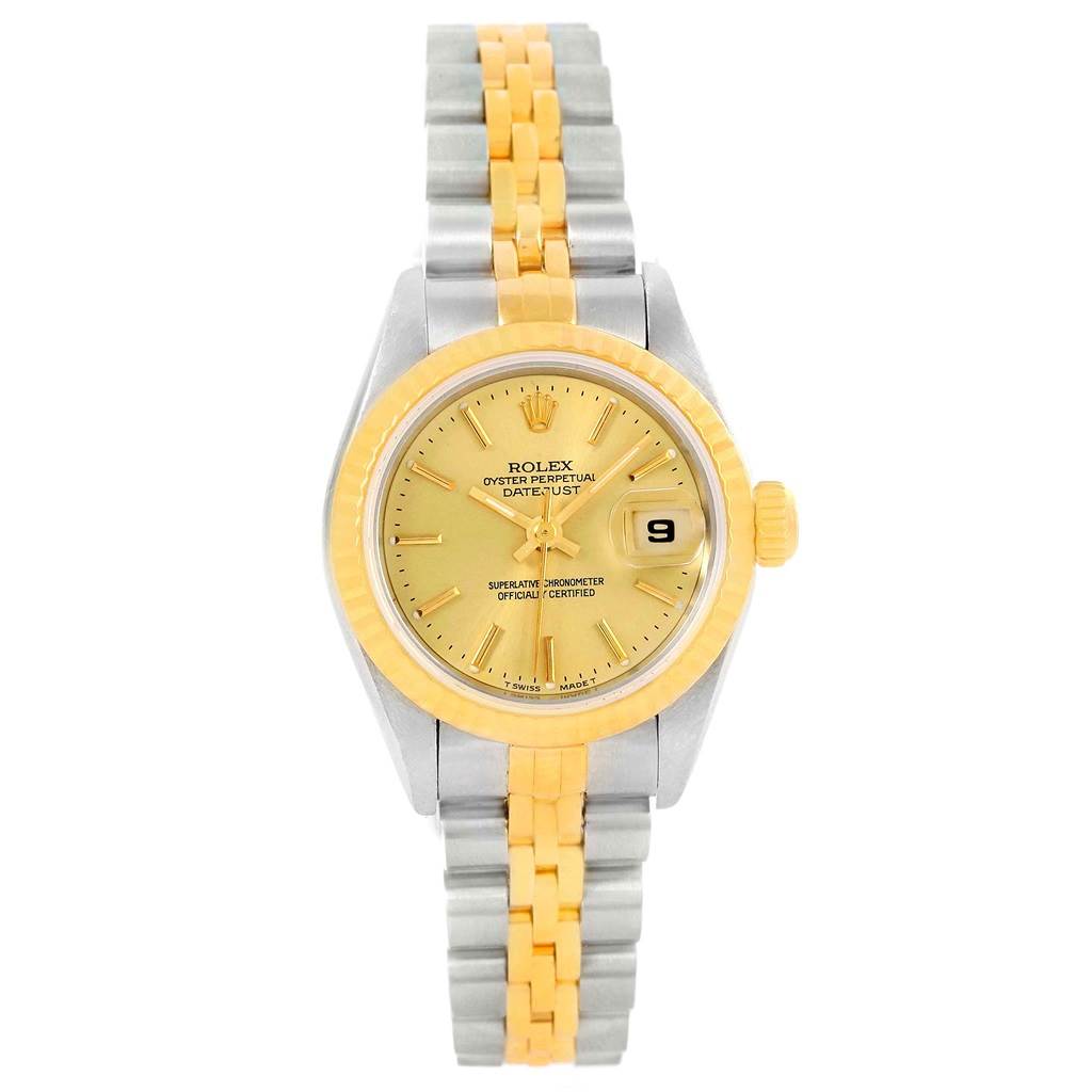 The image shows a front view of a Rolex Datejust 69173 Women's Stainless Steel Champagne Dial 69173 Women's Stainless Steel Champagne Dial watch, displaying its dial, bezel, and bracelet.