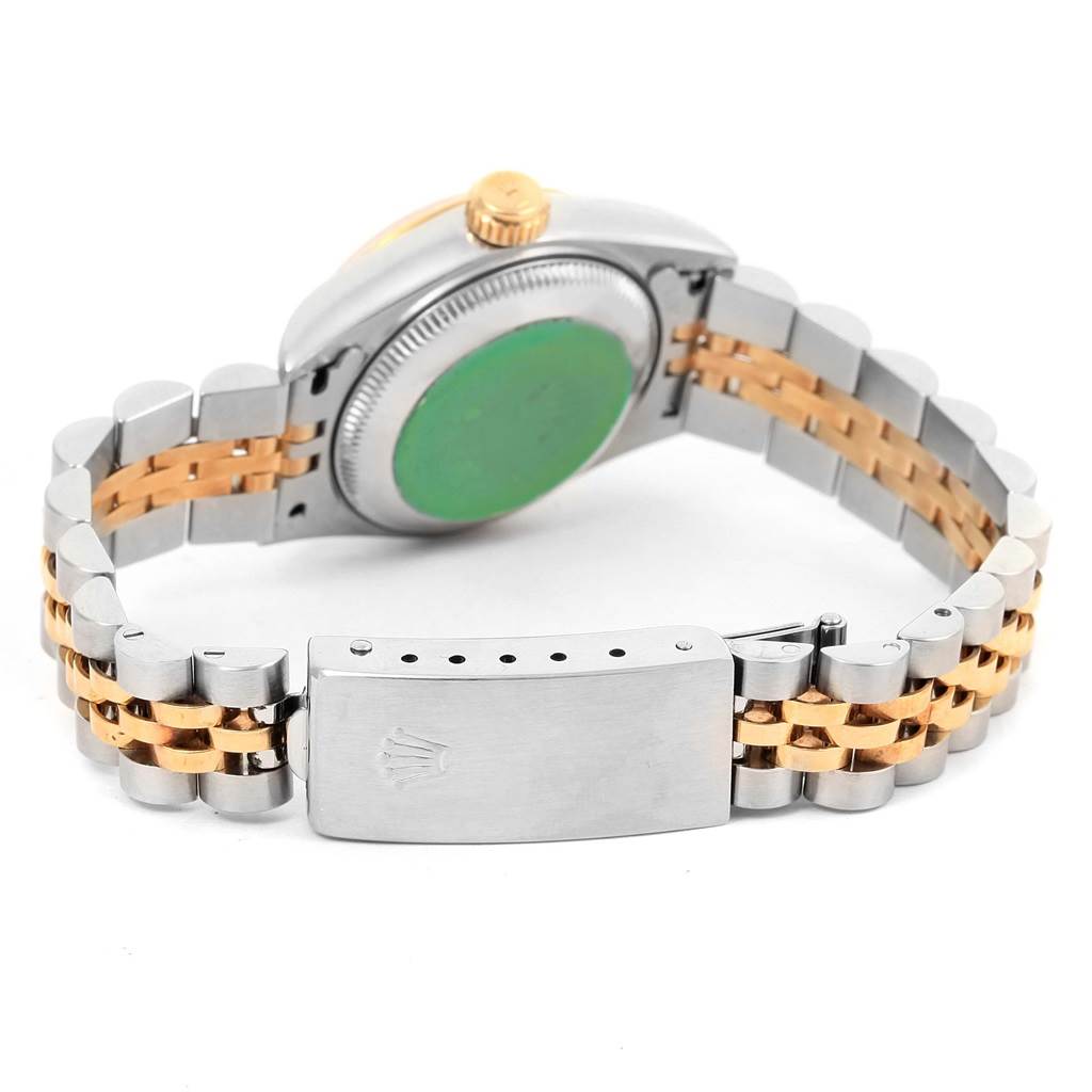 The image shows the back view of a Rolex Datejust 69173 Women's Stainless Steel Champagne Dial 69173 Women's Stainless Steel Champagne Dial watch, focusing on the case back and the bracelet clasp.