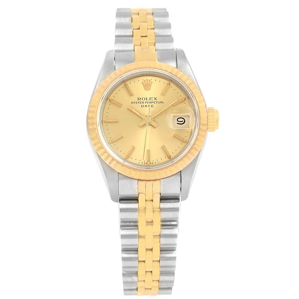 The Rolex Datejust 69173 Women's Stainless Steel Champagne Dial 69173 Women's Stainless Steel Champagne Dial watch is viewed from the front, showing the full face, dial, bezel, and two-tone bracelet.
