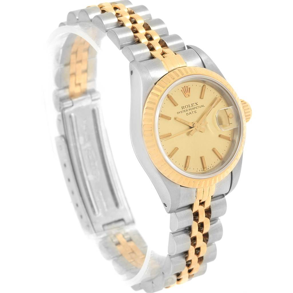 This image shows a slight angle view of a Rolex Datejust 69173 Women's Stainless Steel Champagne Dial 69173 Women's Stainless Steel Champagne Dial model, highlighting the face, bezel, and two-tone bracelet.
