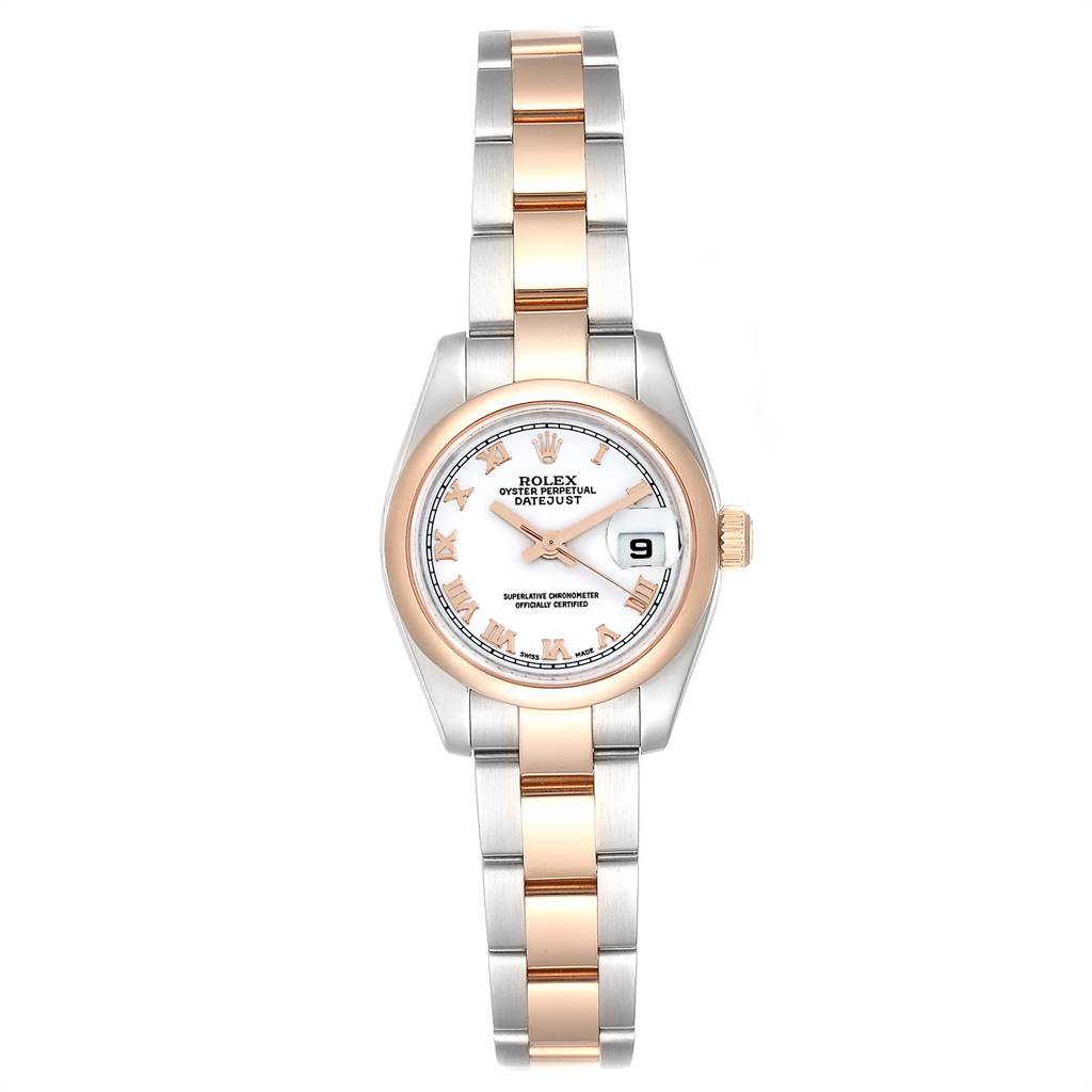 The image shows a Rolex Datejust 179161 Women's Steel and Gold (two tone) White Dial 179161 Women's Steel and Gold (two tone) White Dial watch with a two-tone bracelet, white dial, and date display from a top-down angle.