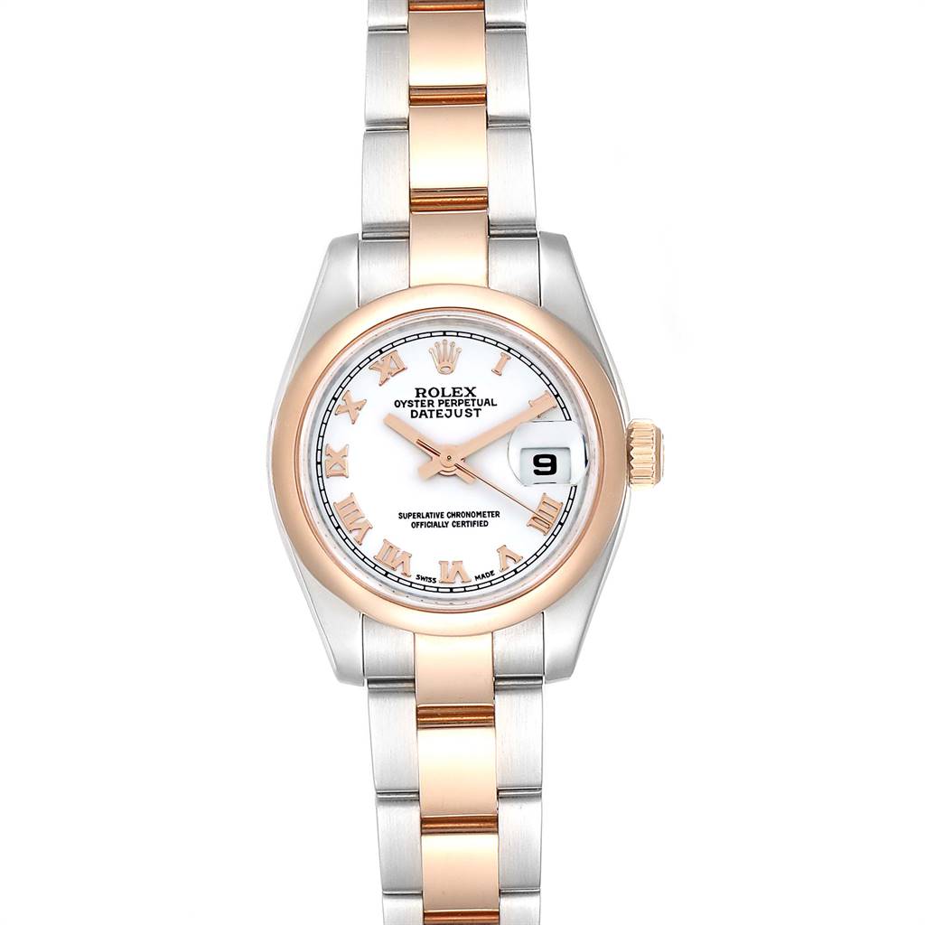 The image shows a Rolex Datejust 179161 Women's Steel and Gold (two tone) White Dial 179161 Women's Steel and Gold (two tone) White Dial watch from a front angle, highlighting its two-tone bracelet, bezel, dial, and date window.