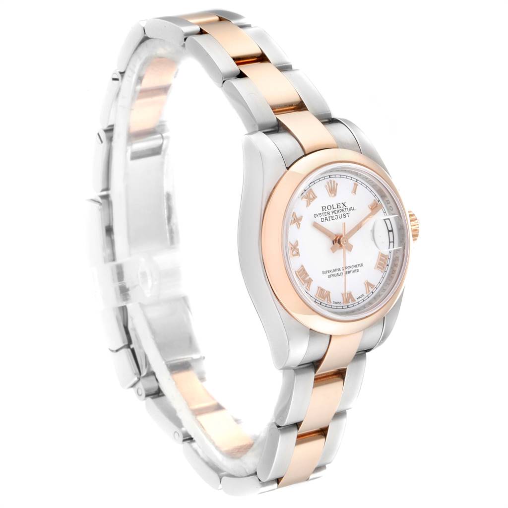 The image shows a side view of a Rolex Datejust 179161 Women's Steel and Gold (two tone) White Dial 179161 Women's Steel and Gold (two tone) White Dial watch, highlighting its two-tone bracelet and dial.